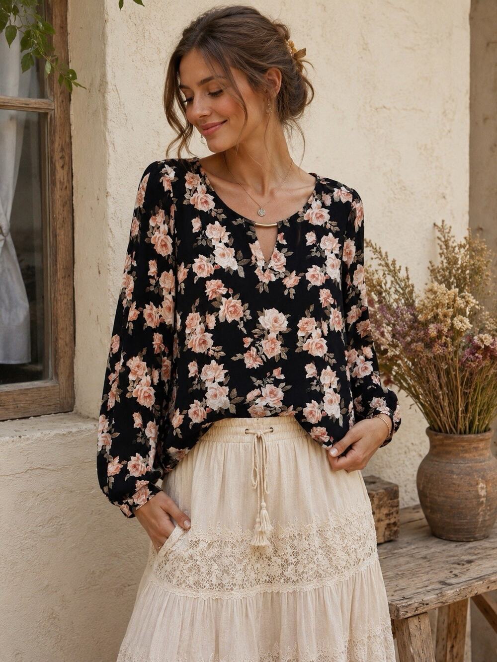 Forever 21 Floral Black Long Sleeve V-Neck Keyhole Peasant Blouse Top Size L